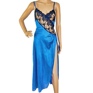 Vintage Lingerie Sexy Blue & Black Lace Spaghetti Strap Slip High Slit Size S